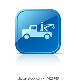 Tow truck icon on blue glossy square web button. Vector automotive symbol