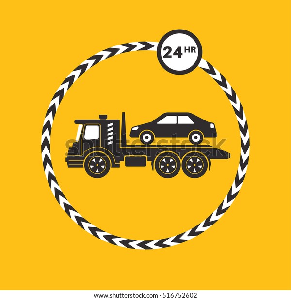 Tow truck icon on yellow background. Tow truck\
transports the car. Round the clock evacuation of cars. Design can\
be used as a logo, a poster, advertising, singboard. Vector element\
of graphic design