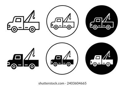 Icono de remolque. camión de remolque de vehículos automotores estacionados en el lado de la carretera con señal de gancho de grúa. máquina de remolque de accidentes de coche rota o choque servicio de rescate de emergencia de camiones conjunto de vectores