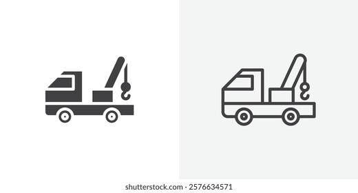 Tow truck icon set in black flat solid and outlined style.