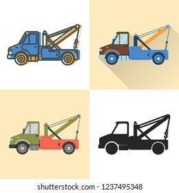 Tow truck icon set in flat and line styles