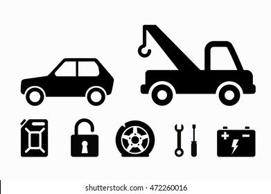Tow truck icon. Towing set. Flat vector stock illustration