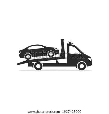 Tow truck icon, Towing truck van with car sign. Vector isolated flat sign.