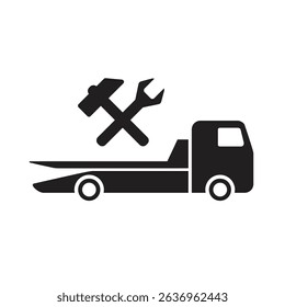 Tow truck icon with wrench and hammer, car repair service, roadside assistance, auto mechanic silhouette symbol on white background, vector illustration.