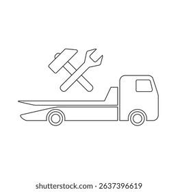 Tow Truck Icon with Wrench and Hammer – Thin Line Style Symbol for Car Repair, Roadside Assistance and Auto Mechanic – Vector Illustration.