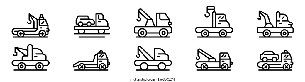 Tow truck icons set. Outline set of tow truck vector icons for web design isolated on white background