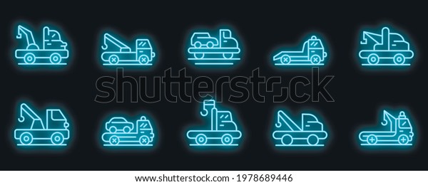 Tow truck icons set. Outline set of tow truck
vector icons neon color on
black