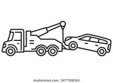 Tow truck icon.Towing truck van with car.City road assistance service evacuator.Car towing truck.  Towing truck delivers the broken car. Outline vector illustration.Isolated on white background.