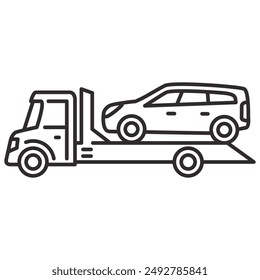 Tow truck icon.Towing truck van with car.City road assistance service evacuator.Car towing truck.Towing truck delivers the broken car. Outline vector illustration.Isolated on white background.