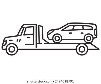 Abschleppwagen-Symbol.Abschleppwagen-Van mit Auto.City Road Assistance Service Evakuator.Auto Abschleppwagen.Abschleppwagen liefert das kaputte Auto. Outline Vektorillustration.Isolated auf weißem Hintergrund.