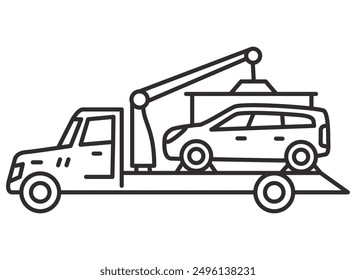 Tow truck icon.Towing truck van with car.City road assistance service evacuator.Car towing truck.Towing truck delivers the broken car. Outline vector illustration.Isolated on white background.