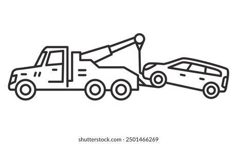 Tow truck icon.Towing truck van with car.City road assistance service evacuator.Car towing truck. Towing truck delivers the broken car. Outline vector illustration.Isolated on white background.