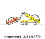 Tow truck lift broken car using crane. Continuous one line drawing colored with color spots. Single line draw design vector graphic illustration.