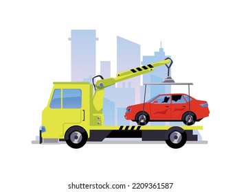 Tow truck lifting broken car after accident, flat vector illustration isolated on white background. Recovery vehicle moving wrecked car with broken windows.