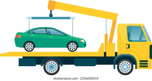 Tow truck lifting a green broken car onto a flatbed, utilizing a crane for efficient roadside assistance and transportation services in an urban setting