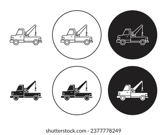 Tow truck line icon set. Accidented car repair tow truck icon in black color for ui designs.