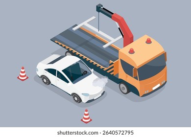 Tow truck loading a broken down car using its crane. Roadside assistance concept. 3d flat isometric vector illustration. Eps 10.