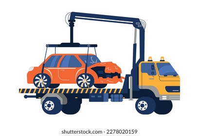 Tow truck moving damaged car after traffic accident, flat vector illustration isolated on white background. Recovery vehicle service concept.