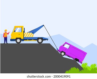 Tow truck pull vehicle that crashed into a ravine. accident