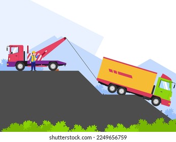 tow truck pulling a big truck that is mired in a ravine, truck accident, rescue, simple vector illustration