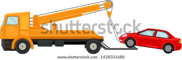 Tow truck pulls a car onto the platform.\
Vector illustration on white\
background.
