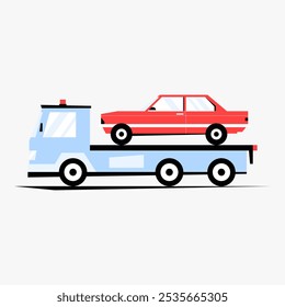 Abschleppwagen mit rotem Auto in flacher Vektorgrafik, die Straßenunterstützung, Fahrzeugschleppen und Transportdienst symbolisiert, einzeln auf weißem Hintergrund.