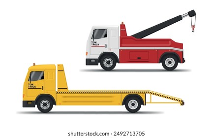 Tow truck rollback and hook lifting industrial emergency transportation set realistic vector illustration. Machine assistance for vehicle transport breakdown red yellow van road service side view