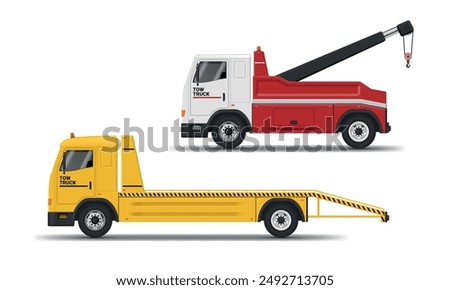 Tow truck rollback and hook lifting industrial emergency transportation set realistic vector illustration. Machine assistance for vehicle transport breakdown red yellow van road service side view