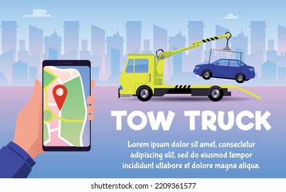 Tow truck service advertising banner, vector illustration. Person holds phone with GPS map. Recovery vehicle lifting broken or improperly parked car.