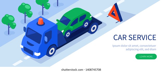 Tow truck service concept. Can use for web banner, infographics, hero images. Flat isometric vector illustration isolated on white background.