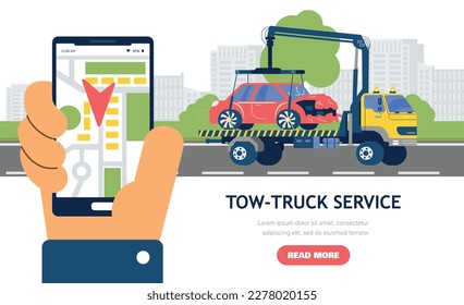 Tow truck service web banner template, flat vector illustration. Hand holds mobile phone with map and wrecker location. Damaged car after traffic accident towed on recovery vehicle.