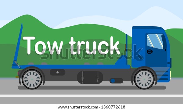 Tow\
Truck Services Stylized Banner Flat Template. Vehicle Towing\
Company Typography. Cartoon Evacuator, Car Wrecker, Lorry Moving on\
Road. Auto Evacuation Poster Vector Design\
Layout