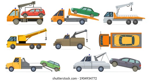 Tow truck set. Heavy carrier with crane towing broken cars isolated on white background. Vector illustration for transportation, road assistance, towage, wrecker concept