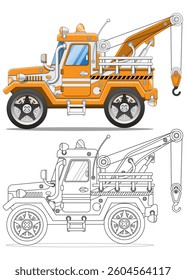 Tow truck. Side view. Coloring. Isolated on white background. Vector illustration.