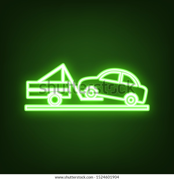 Tow truck sign. Green neon icon in the\
dark. Blurred lightening.\
Illustration.