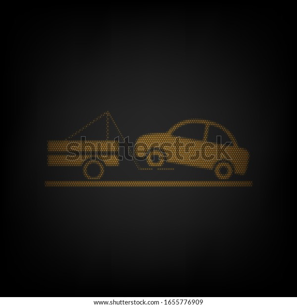 Tow truck sign. Icon as grid of small\
orange light bulb in darkness.\
Illustration.