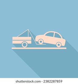 Tow truck sign. Unbleached silk Icon with very long shadow at dark sky blue background. Illustration.