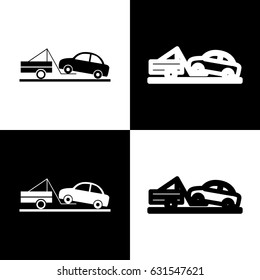 Tow truck sign. Vector. Black and white icons and line icon on chess board.