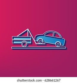 Tow truck sign. Vector. Blue 3d printed icon on magenta background.
