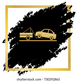 Tow truck sign. Vector. Golden icon at black spot inside golden frame on white background.