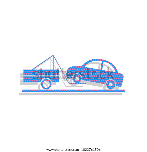 Tow\
truck sign. Vector. Neon blue icon with cyclamen polka dots pattern\
with light gray shadow on white background.\
Isolated.