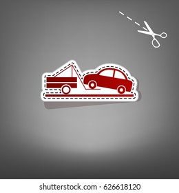 Tow truck sign. Vector. Red icon with for applique from paper with shadow on gray background with scissors.