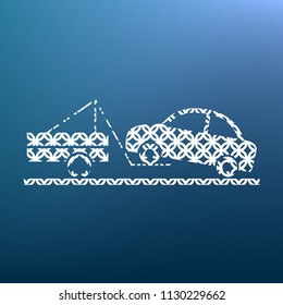 Tow truck sign. Vector. White textured icon at lapis lazuli gradient background.