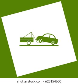 Tow truck sign. Vector. White icon obtained as a result of subtraction rotated square and path. Avocado background.