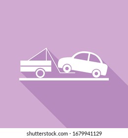 Tow truck sign. White Icon with long shadow at purple background. Illustration.
