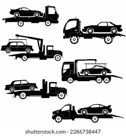 Tow truck silhouettes, vehicles set side view, logos, icons