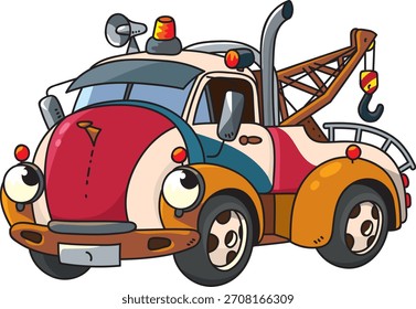Camión de remolque. Pequeño coche lindo divertido de la vendimia del Vector con los ojos y la boca. Ilustración vectorial de niños