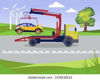 Tow truck takes away a broken car after an accident. In minimalist style. Cartoon flat vector.