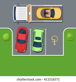 Tow Truck Takes Away Car Parked In The Handicapped Spot. Violation Of Parking Top View. Color Flat Style Vector Illustration Background For Web Design Or Print