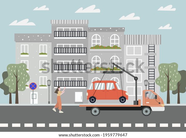 Tow truck takes away a car. Woman running\
the car. Parking is prohibited. City background. Flat vector\
illustration.